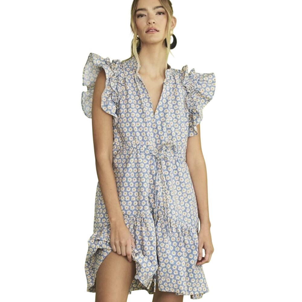 Anthropologie Ruffle Sleeve Blue Daisy Tie-Waist Mini Dress
